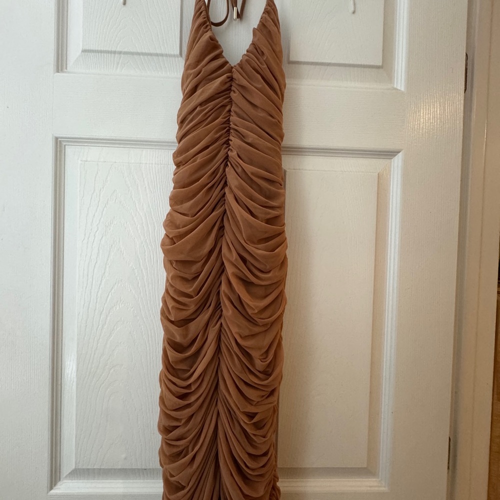 House of CB Ruched Tan Halter Dress